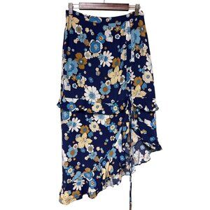 For Love & Lemons Blue Floral Asymetrical Ruched Viscose Rayon Skirt Women's Lar